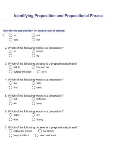 identifying preposition and prepositional phrases