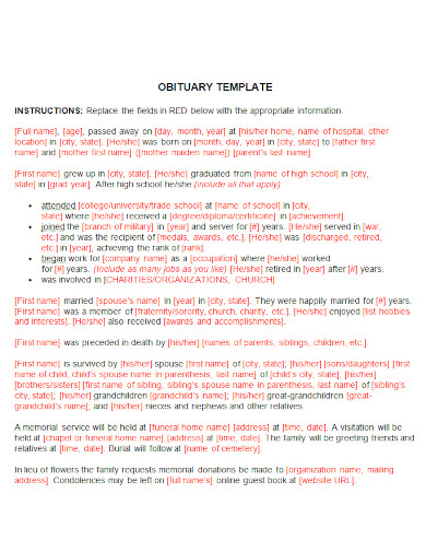 obituary information template