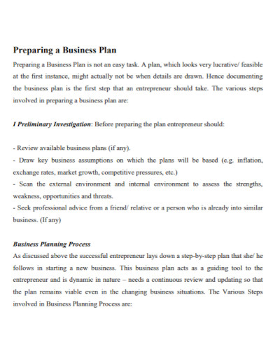 preparing a business plan