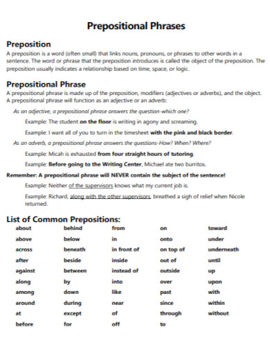 prepositional phrases handout