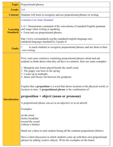 prepositional phrases lesson plan
