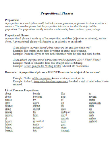 prepositional phrases list