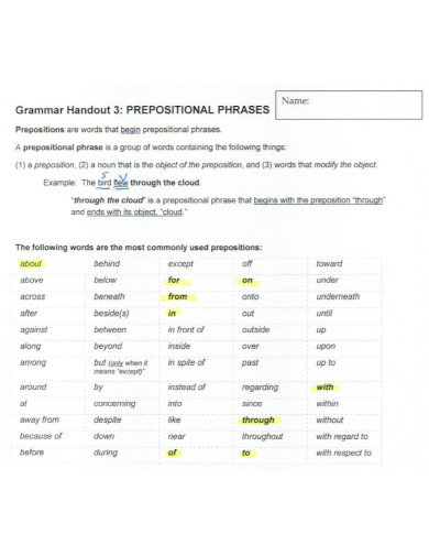 prepositional phrases structure