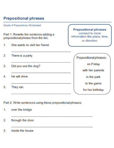 prepositional phrases worksheet example