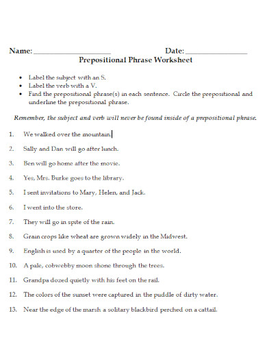 prepositional phrases worksheet example1