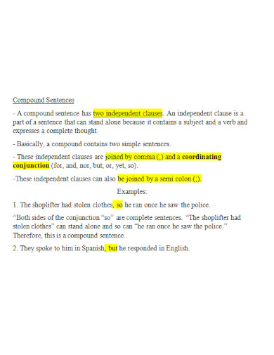 printable compound sentences example