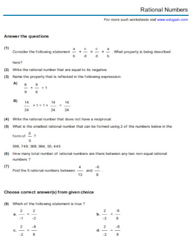 rational numbers worksheet in pdf