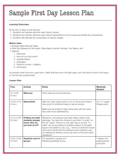 sample first day lesson plan
