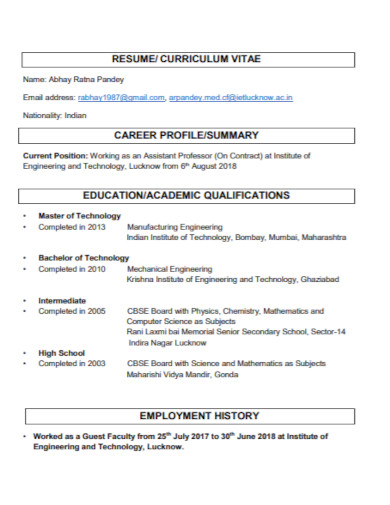 academic resume summary