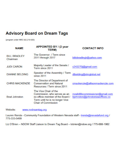 advisory board on dream tags
