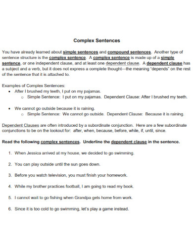 complex sentences simple sheet