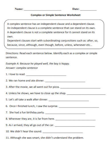 complex sentences worksheet in pdf