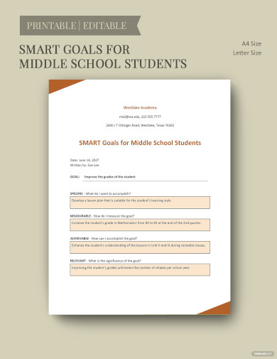 free smart goals template for middle school students