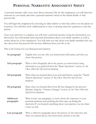 personal narrative assignment sheet