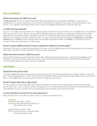 resume skills summary in pdf