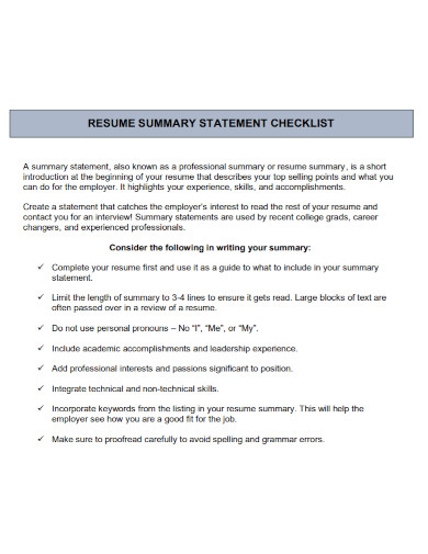 resume summary statement checklist