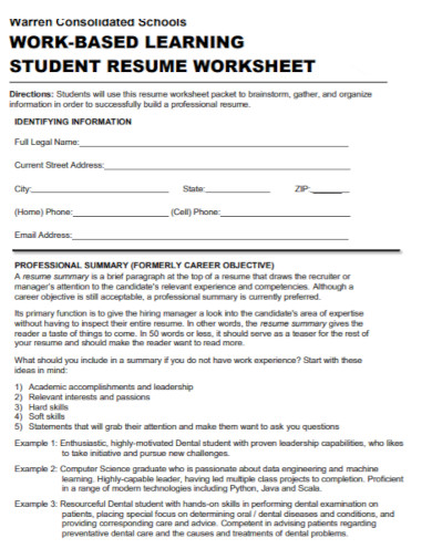 resume summary worksheet