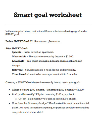 smart goals worksheet with example