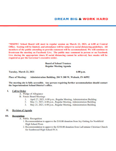 school dream board meeting agenda