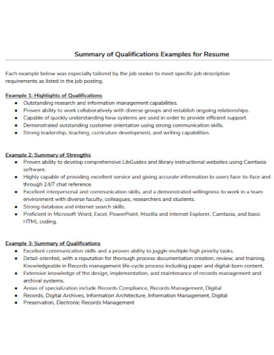 summary examples for resume