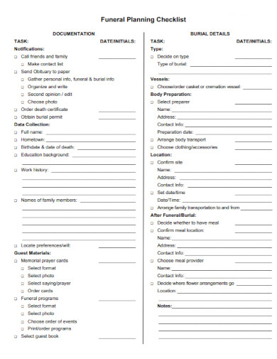 basic funeral planning checklist
