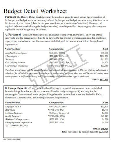 budget detail worksheet form