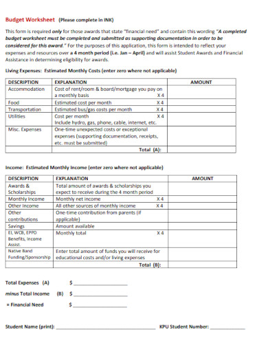 budget worksheet form example
