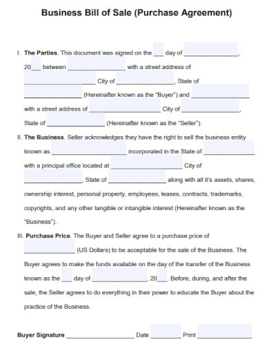 business bill of sale and purchase agreement