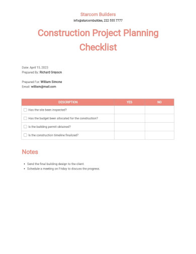 construction project planning checklist template