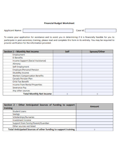 financial budget worksheet form