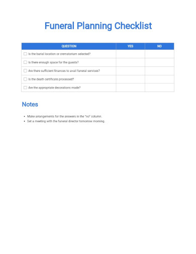 free funeral planning checklist template
