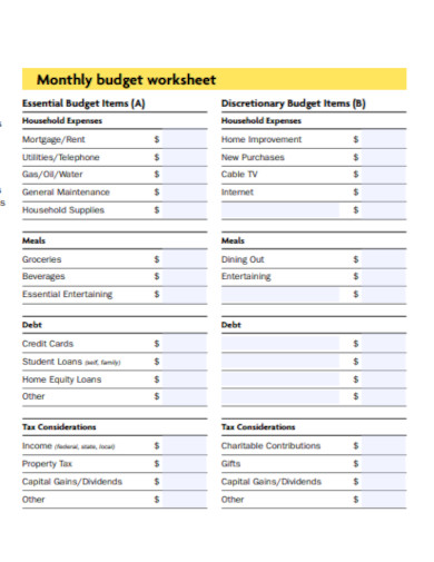 monthly budget worksheet form