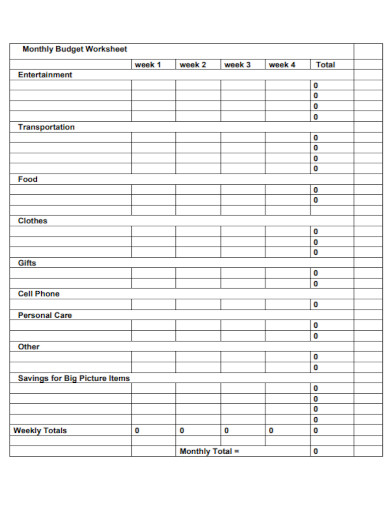 monthly and weekly budget worksheet