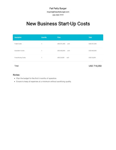 new business start up costs template