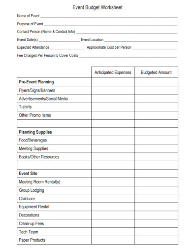 pre event planning budget worksheet