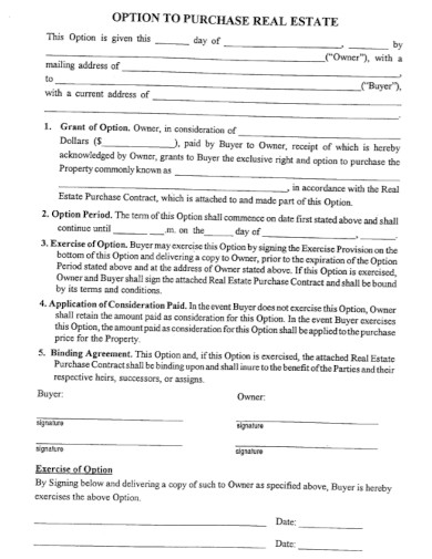 printable real estate purchase option agreement