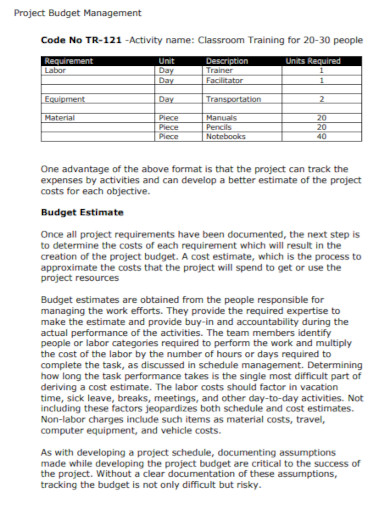project budget estimate management