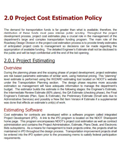 project cost estimate policy