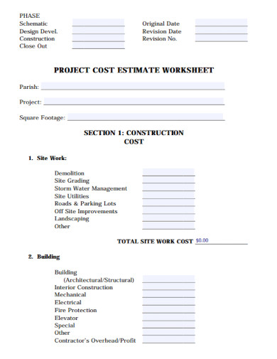 project cost estimate worksheet