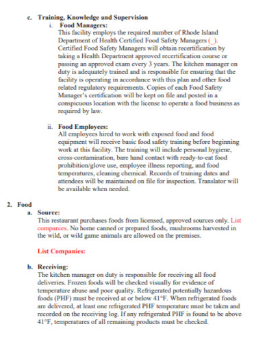 restaurant food safety plan example