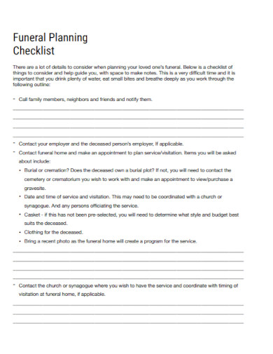 standard funeral planning checklist