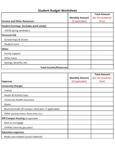 student budget worksheet example