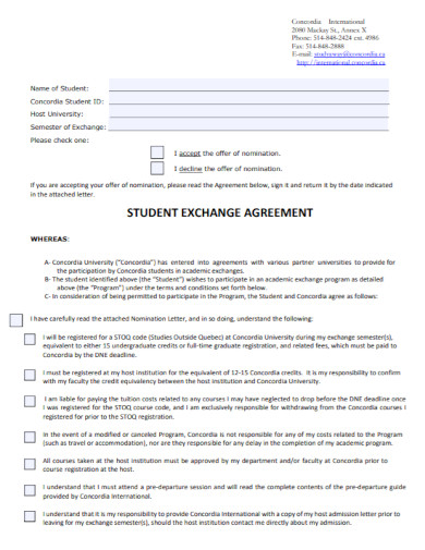 printable student exchange agreement