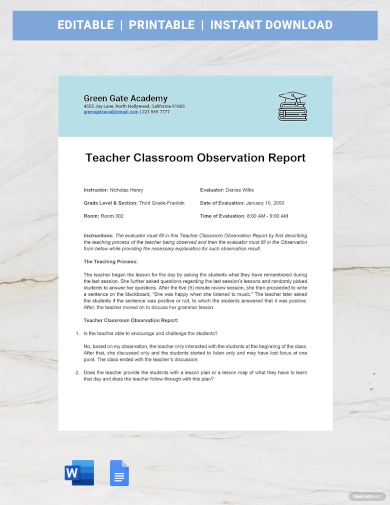 teacher classroom observation report template