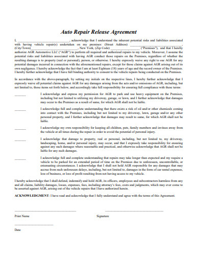 auto repair release agreement 