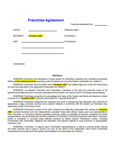 restaurant franchise agreement example