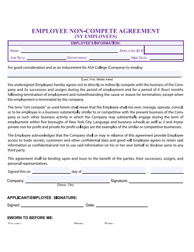 sample employee non compete agreement