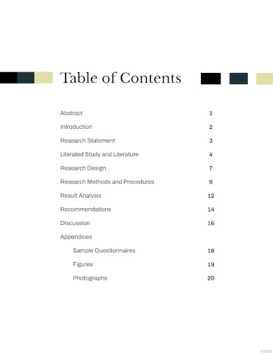 table of contents template for portfolio