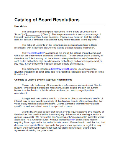 catalog of board resolutions