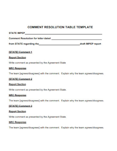comment resolution table template